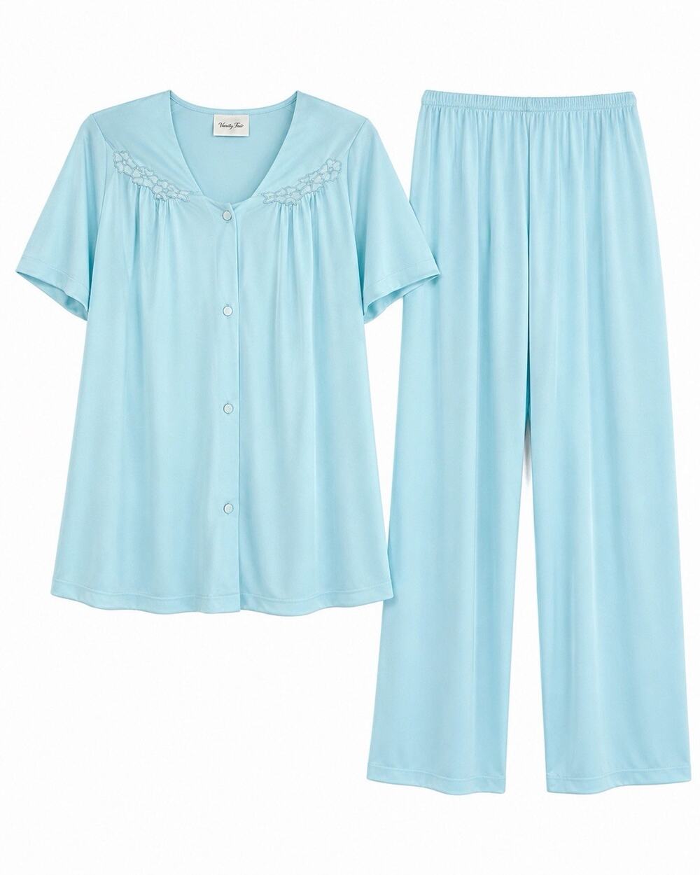 Vanity Fair Pajama Set Aqua Blue Nylon Lounge Sleepwear M 40 Vintage